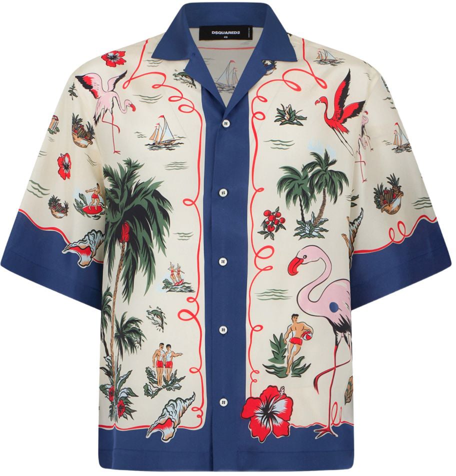 Dsquared2 Red Cream Patterned Contrast Collar Shirt Neutraal