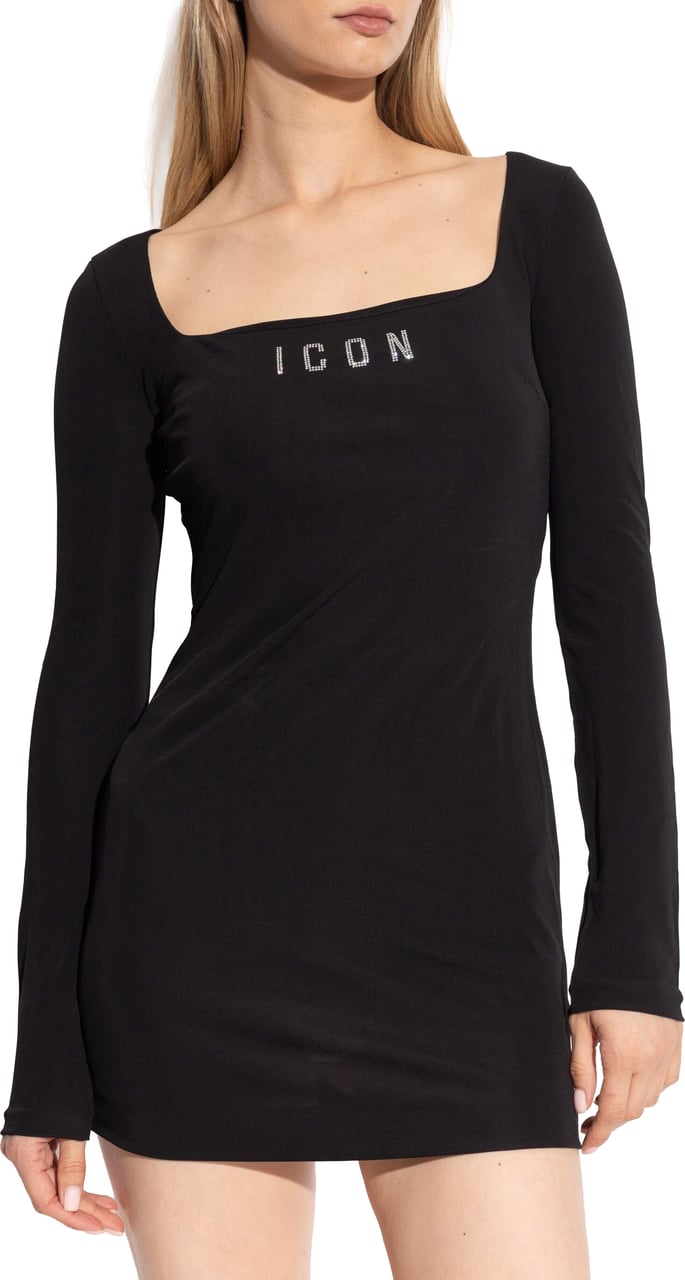 Dsquared2 Fitted Black Viscose Square Neck Dress Zwart
