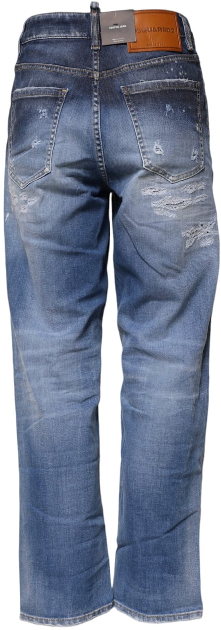 Dsquared2 Dsquared² Blue Tattered Cotton Mid Waist Straight Denim Jeans Blauw