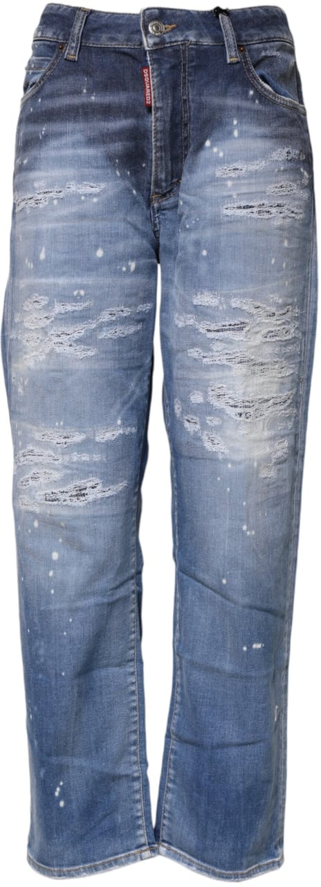 Dsquared2 Dsquared² Blue Tattered Cotton Mid Waist Straight Denim Jeans Blauw
