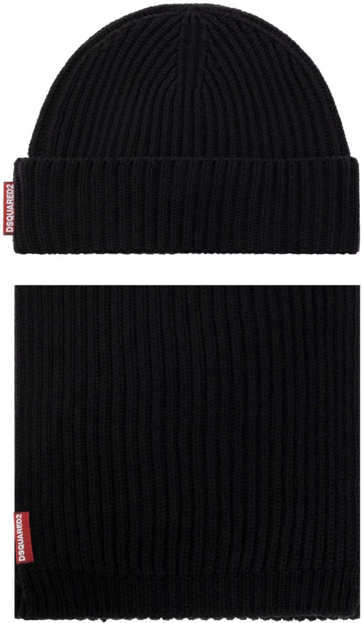 Dsquared2 Warmy Logo Tag Beanie And Scarf Set Zwart