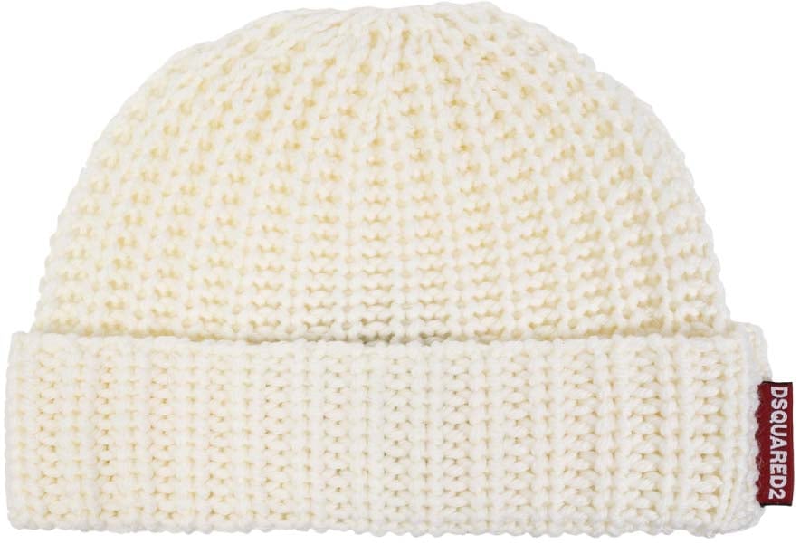Dsquared2 Logo Tag Knit Wool Beanie Wit