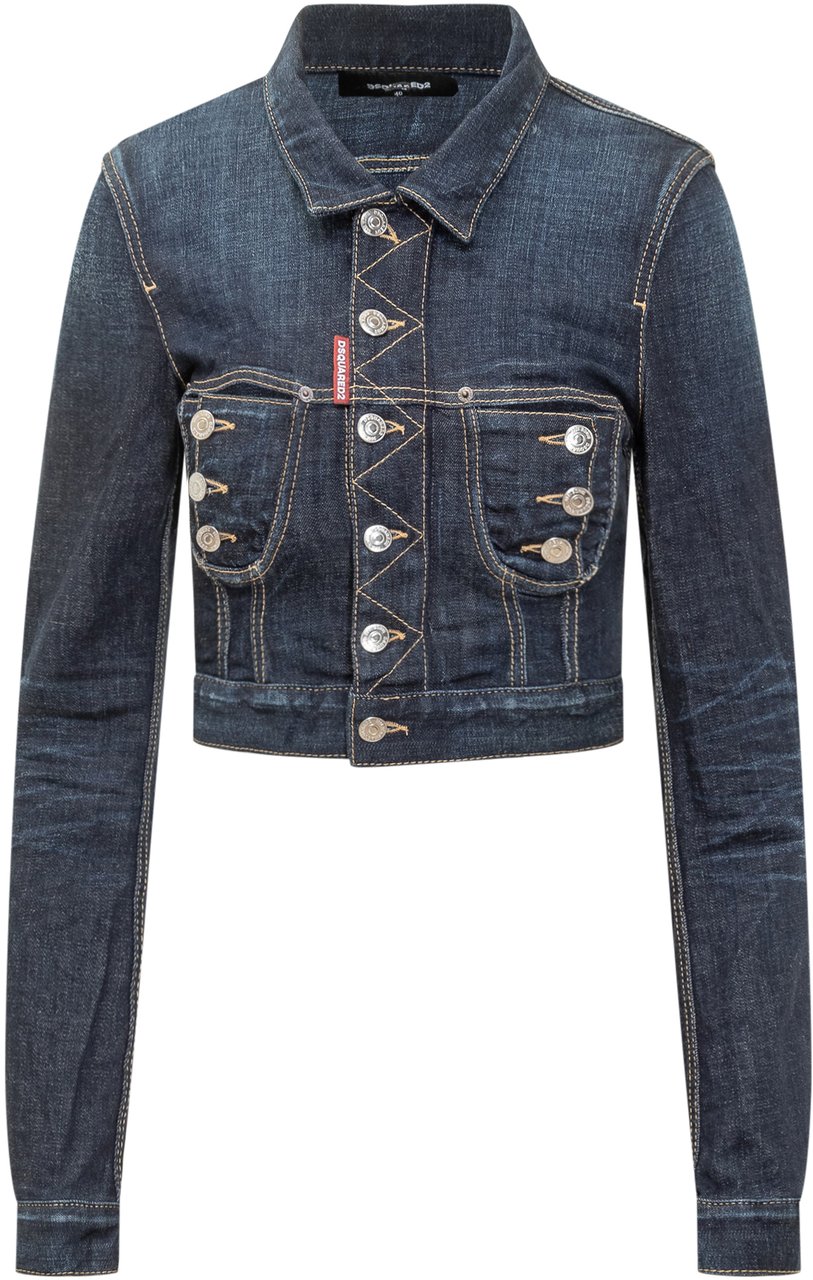 Dsquared2 Dsquared2 Giacca Crop in Denim Blu con Zip e Bottoni Blauw