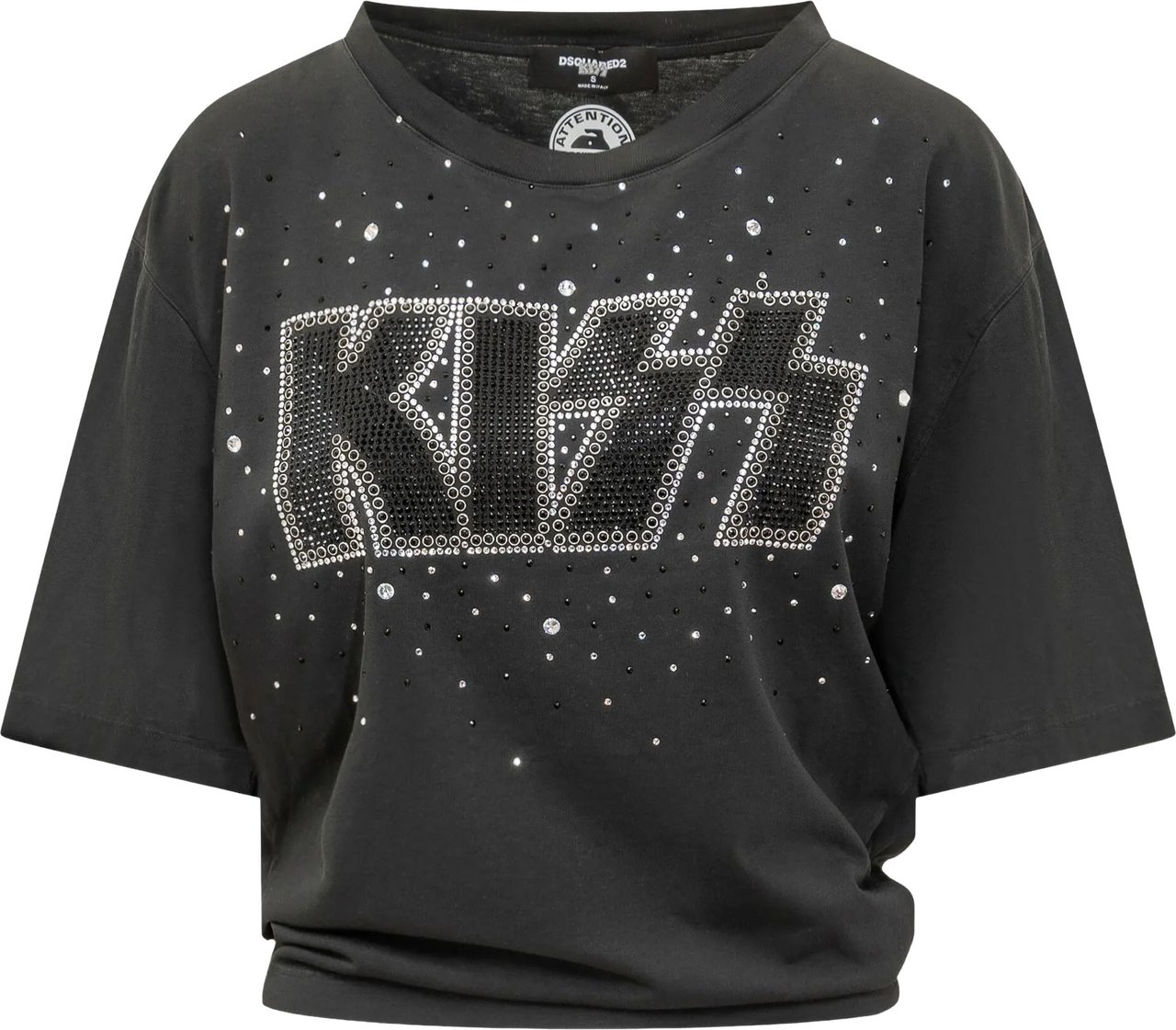 Dsquared2 Cropped Black Studded Kiss Graphic T-Shirt Zwart