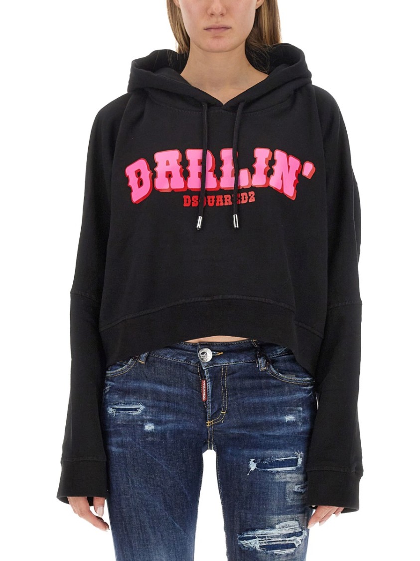 Dsquared2 Cropped Hoodie With Bold Logo Zwart