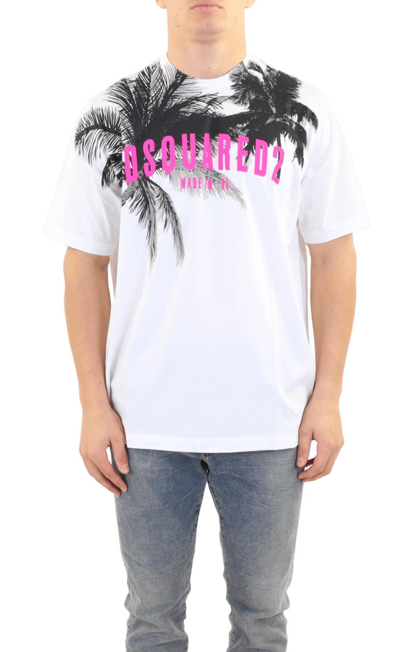 Dsquared2 Heren Palms T-Shirt Wit/Zwart/Roze Wit