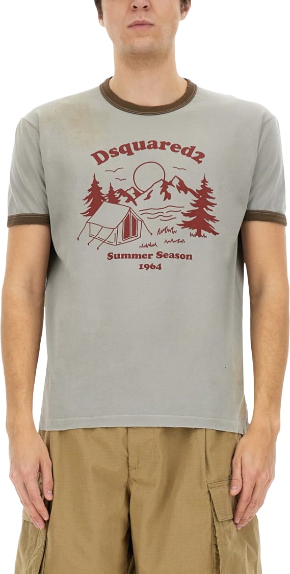 Dsquared2 Vintage Print Relaxed-Fit T-Shirt With Contrasting Trim Grijs