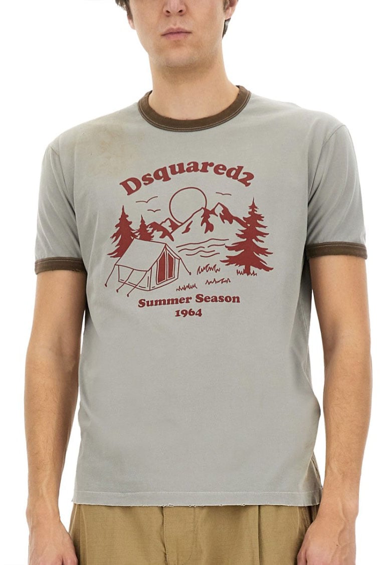 Dsquared2 Vintage Print Relaxed-Fit T-Shirt With Contrasting Trim Grijs