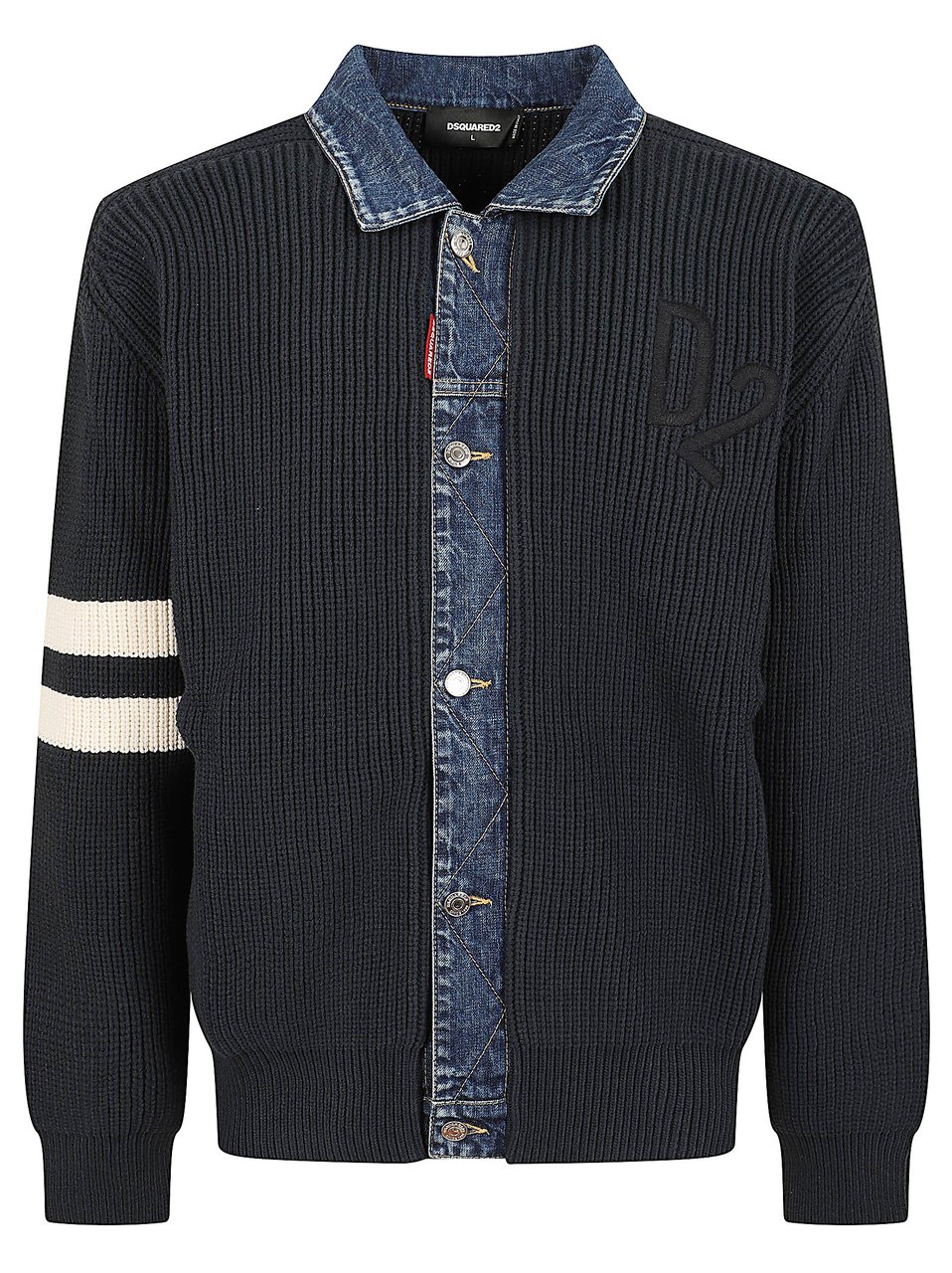 Dsquared2 Denim Mix Cardigan with Structured Knit and Sporty Detailing Zwart