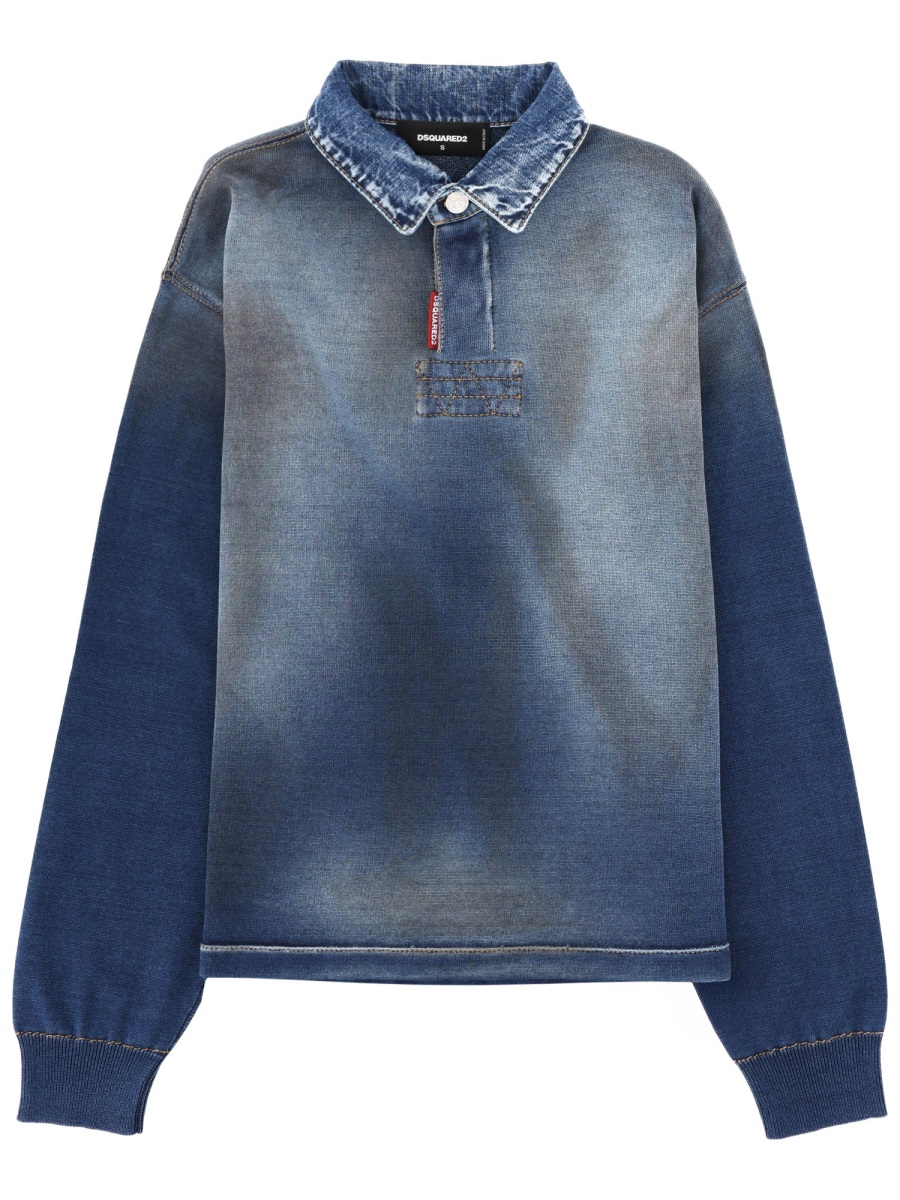 Dsquared2 Long-Sleeve Denim Effect Polo Shirt Grijs
