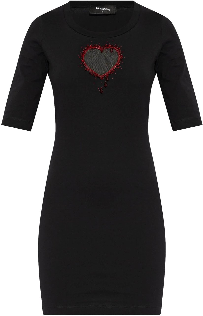 Dsquared2 Fitted Black Cotton Heart Cutout Dress Zwart