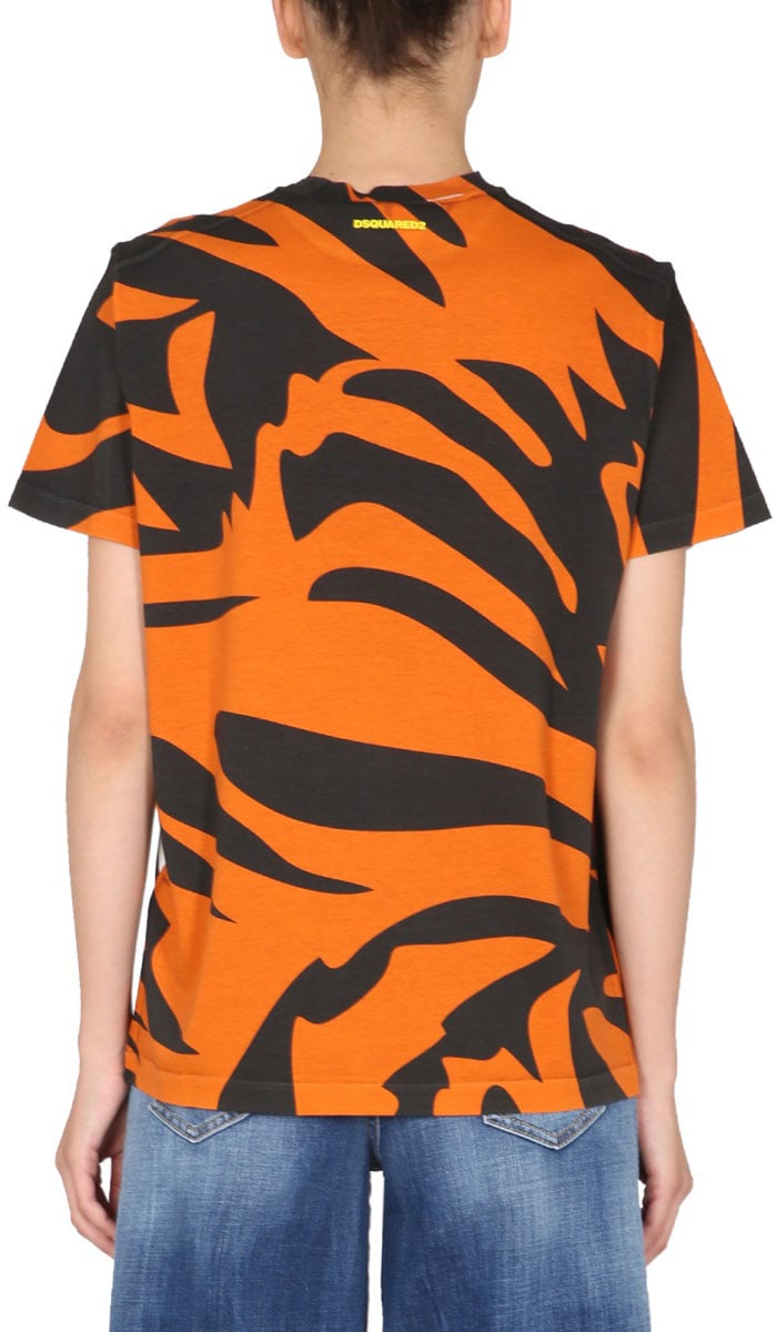 Dsquared2 Orange and Black Tiger Graphic Oversized T-Shirt Zwart