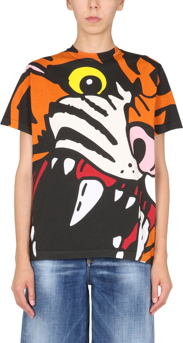 Dsquared2 Orange and Black Tiger Graphic Oversized T-Shirt Zwart