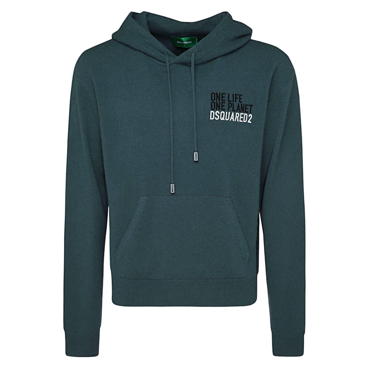 Dsquared2 Dark Green Hooded Sweater with Front Kangaroo Pocket and Printed Design Groen
