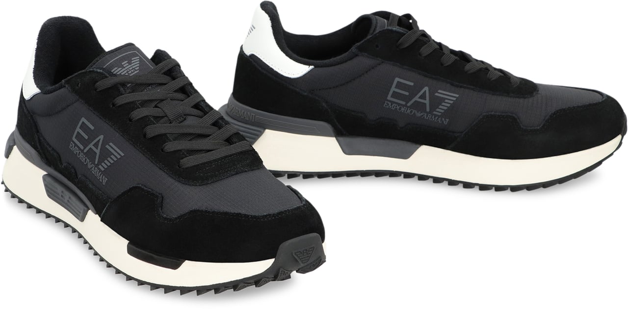 EA7 Leather and fabric low-top sneakers Zwart