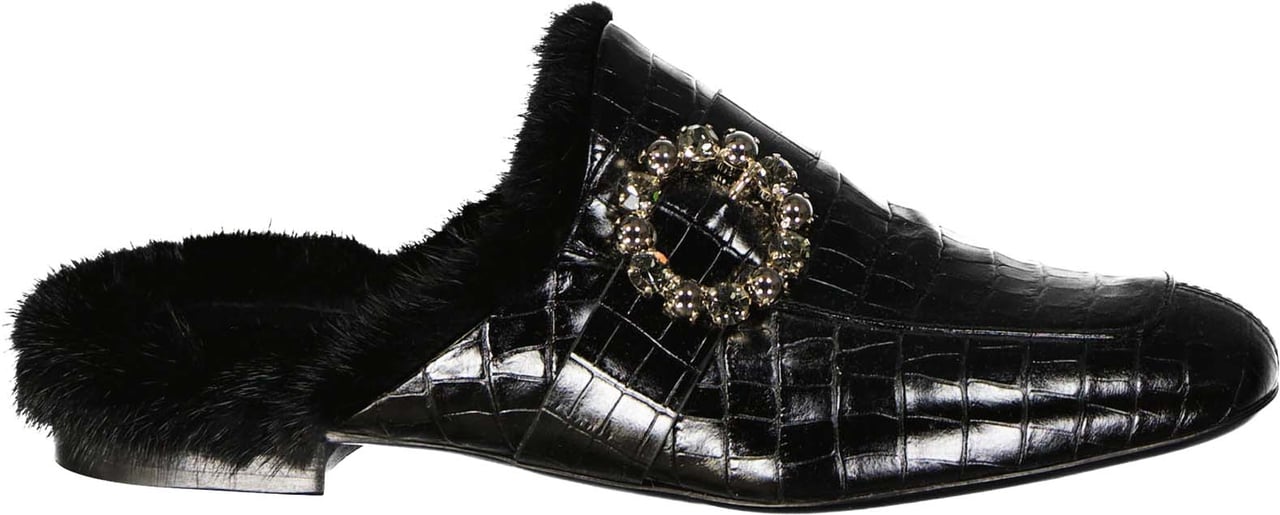 Eleventy Leather Fur Mules Zwart