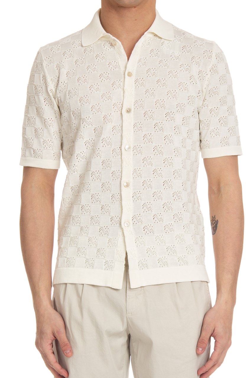 Eleventy Short-Sleeved White Checkered Polo Shirt with Mother-of-Pearl Buttons Neutraal