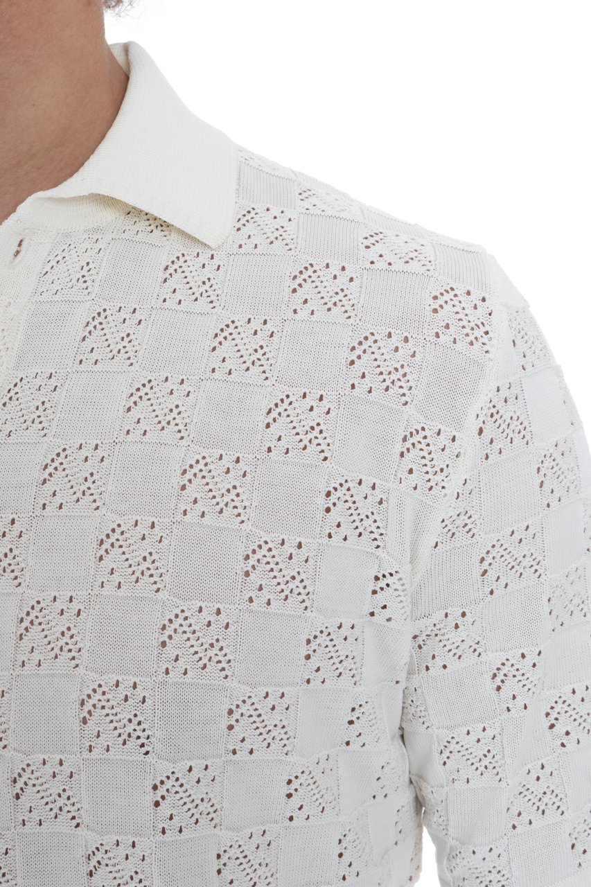 Eleventy Short-Sleeved White Checkered Polo Shirt with Mother-of-Pearl Buttons Neutraal