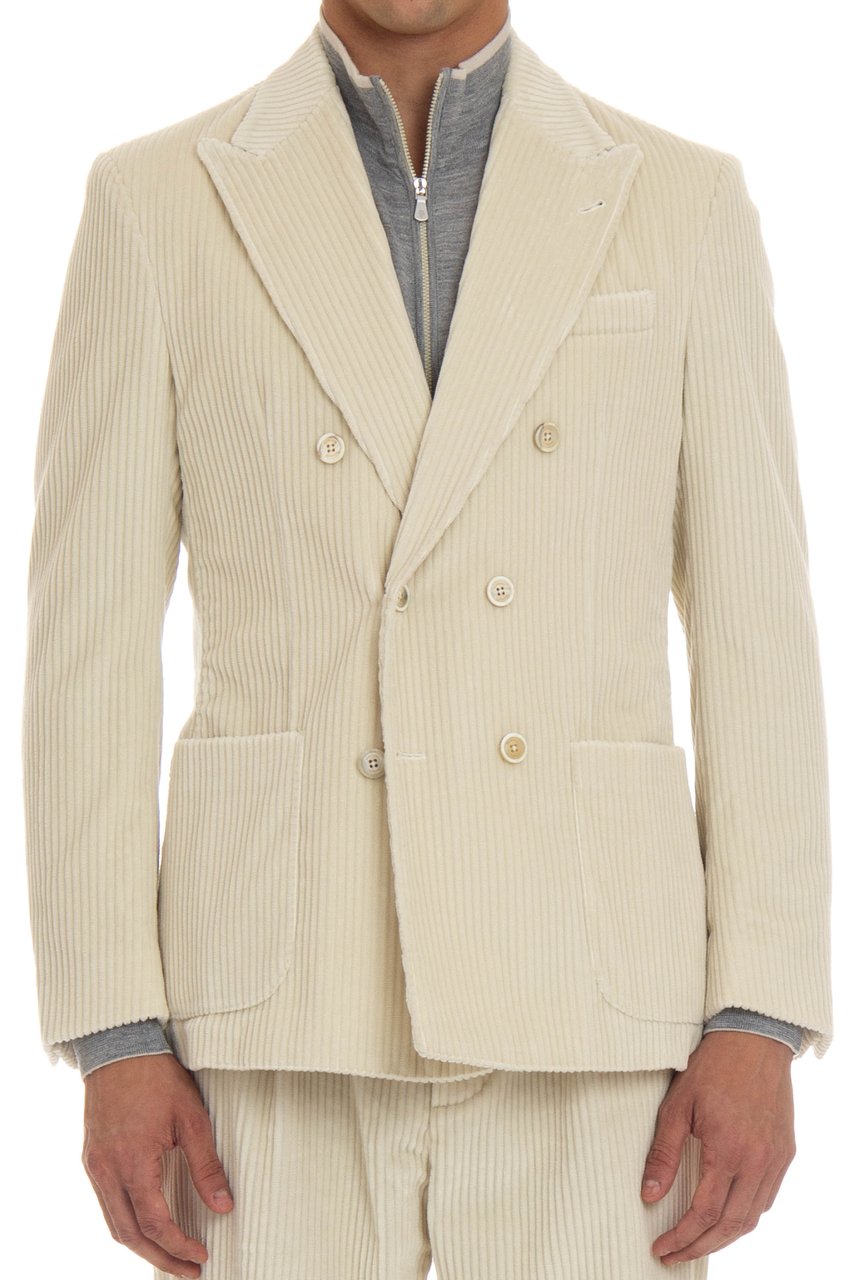 Eleventy Double-Breasted Velvet Jacket Costa Roccia Neutraal
