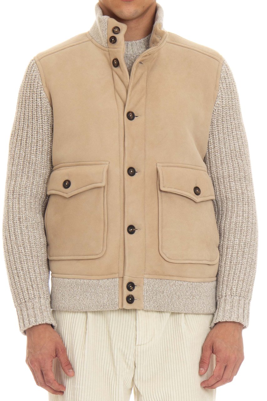 Eleventy Shearling Bomber with Knit Sleeves Neutraal