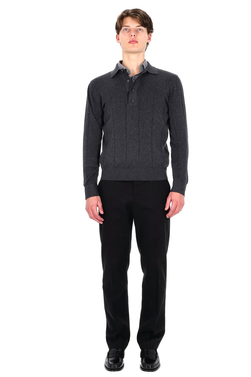 Eleventy Cotton-Cashmere Blend Long Sleeve Polo with Horn Buttons Zwart