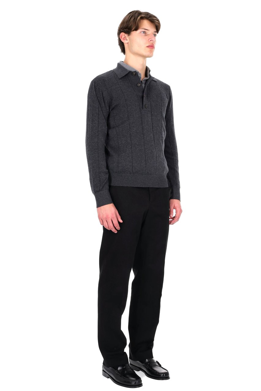 Eleventy Cotton-Cashmere Blend Long Sleeve Polo with Horn Buttons Zwart