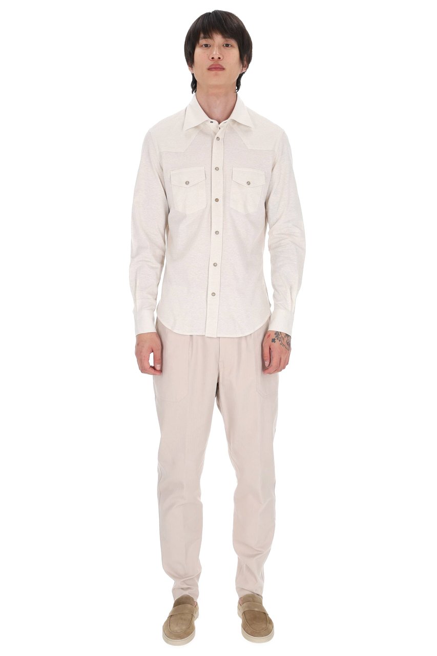 Eleventy Sabbia Textured Cotton-Linen Texas Shirt Neutraal