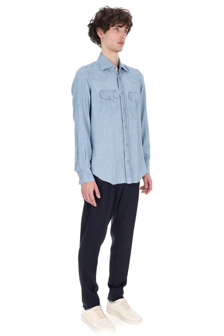 Eleventy Texas Denim Lyocell-Linen Casual Shirt Blauw