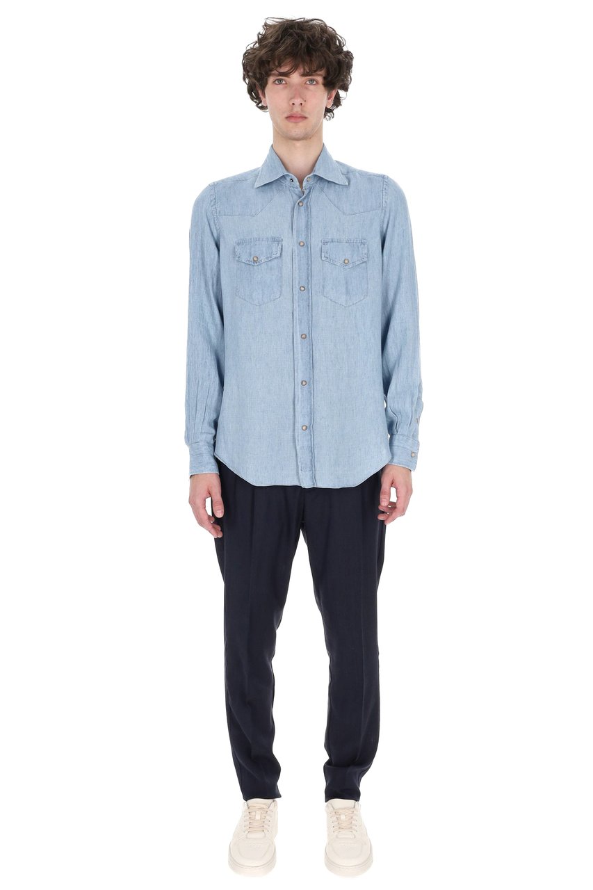 Eleventy Texas Denim Lyocell-Linen Casual Shirt Blauw