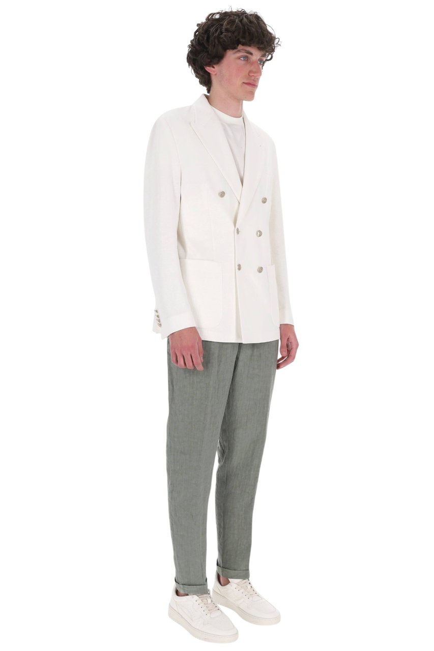 Eleventy Linen-Cotton-Tencel Double-Breasted Blazer Wit
