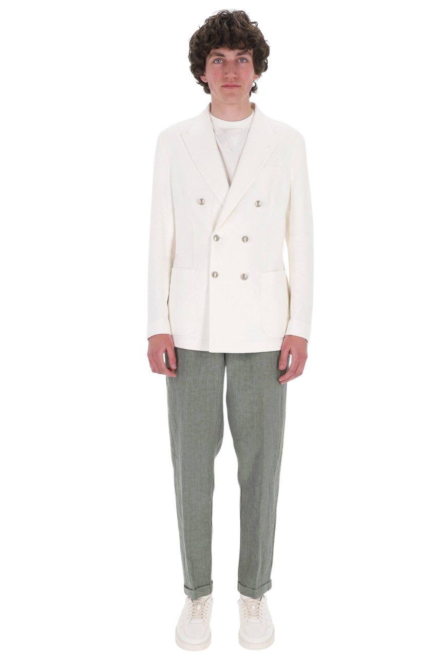 Eleventy Linen-Cotton-Tencel Double-Breasted Blazer Wit