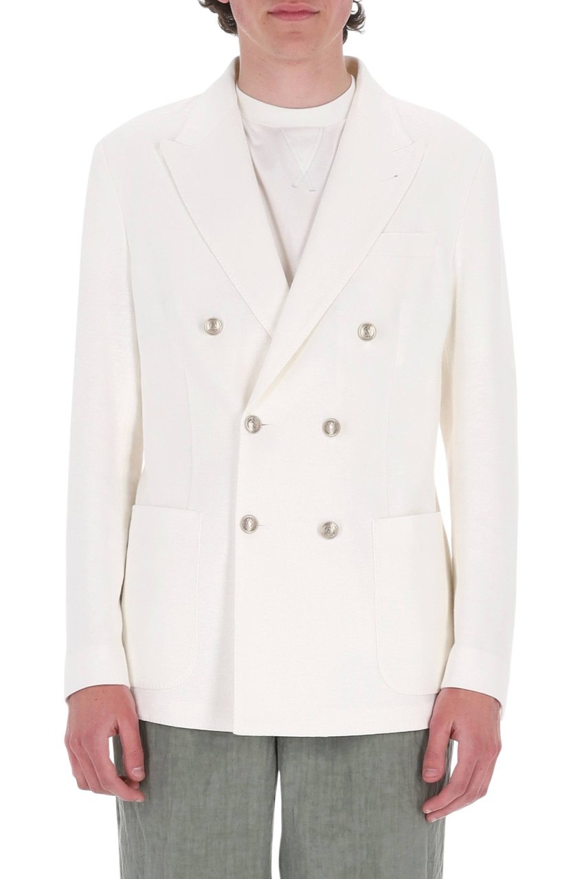 Eleventy Linen-Cotton-Tencel Double-Breasted Blazer Wit