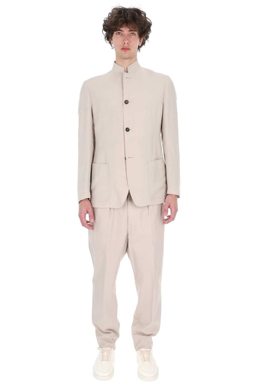 Eleventy Beige Mao Band Collar Lyocell-Linen Jacket Neutraal