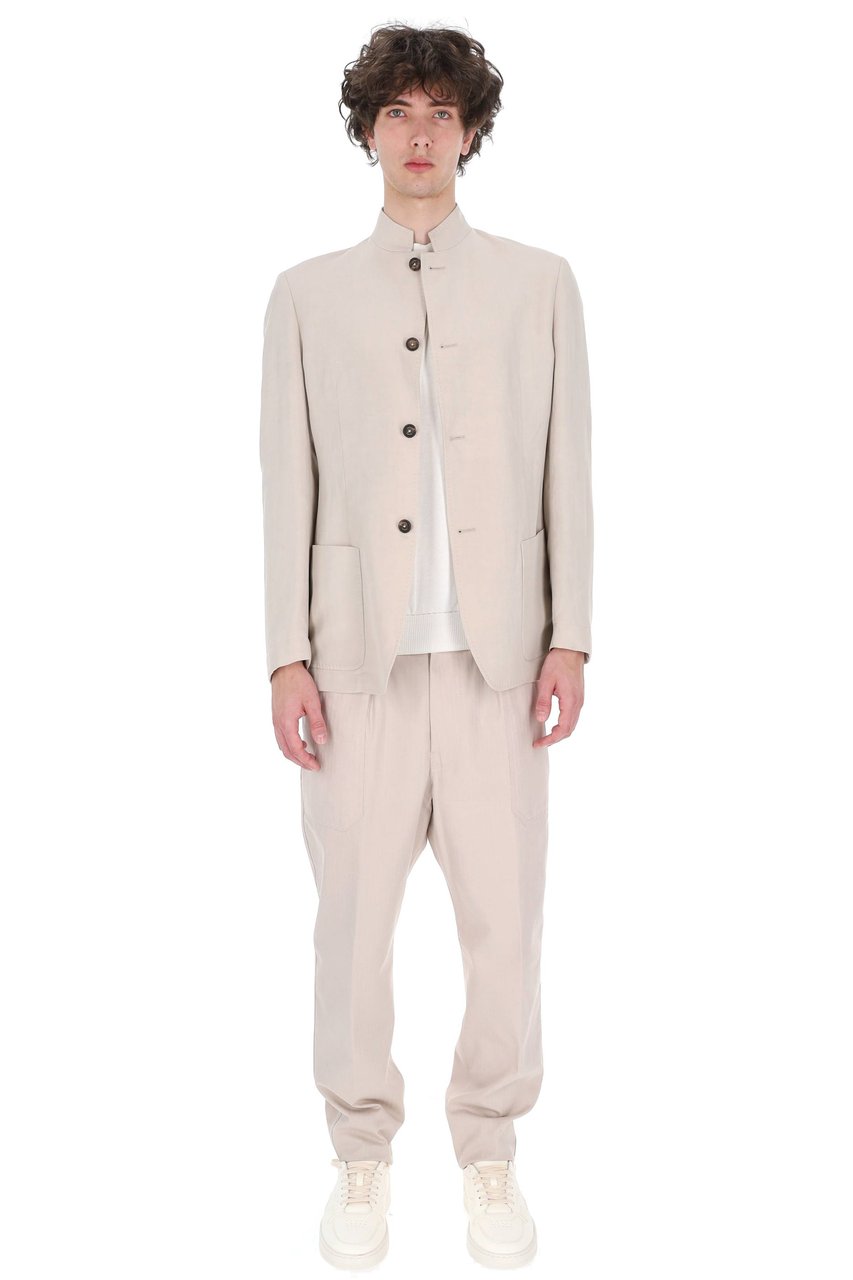 Eleventy Beige Mao Band Collar Lyocell-Linen Jacket Neutraal