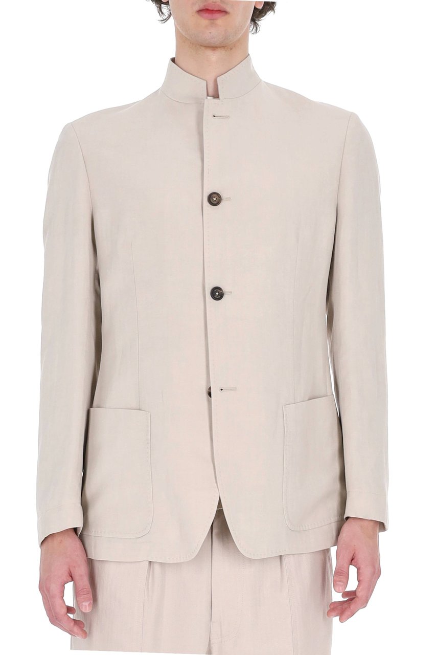 Eleventy Beige Mao Band Collar Lyocell-Linen Jacket Neutraal