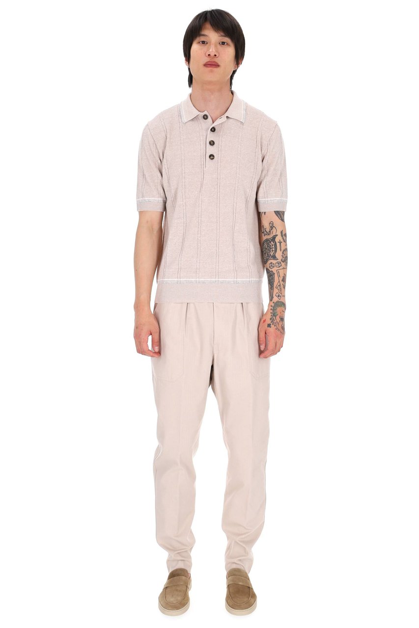 Eleventy Beige Cable-Knit Linen-Cotton Polo Shirt Neutraal