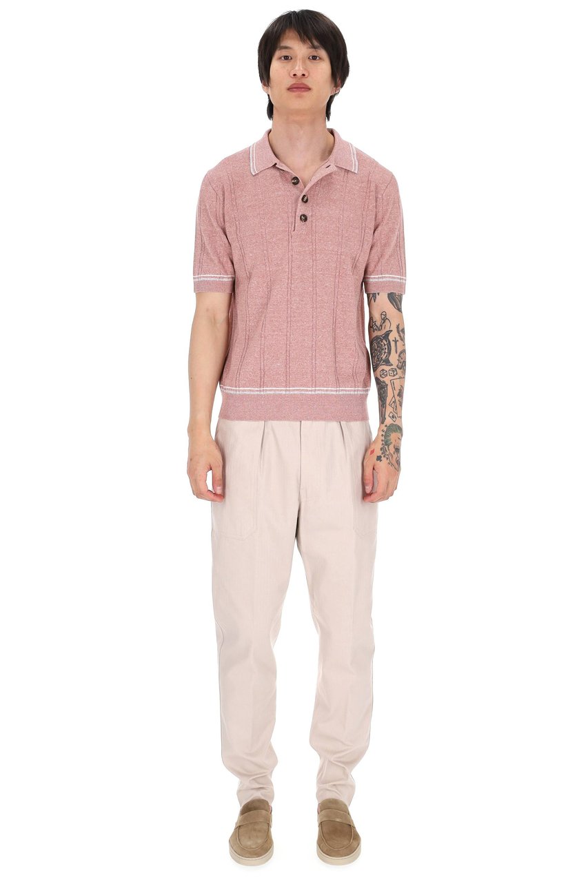 Eleventy Dusty Pink Cable-Knit Linen-Cotton Polo Shirt Neutraal