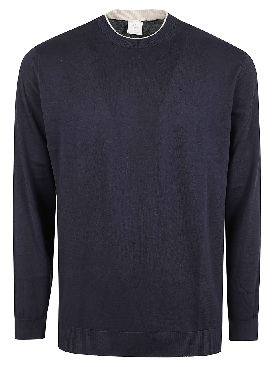 Eleventy Minimal Blue Cotton Crew Neck Sweater with Contrasting Trim Donkergrijs