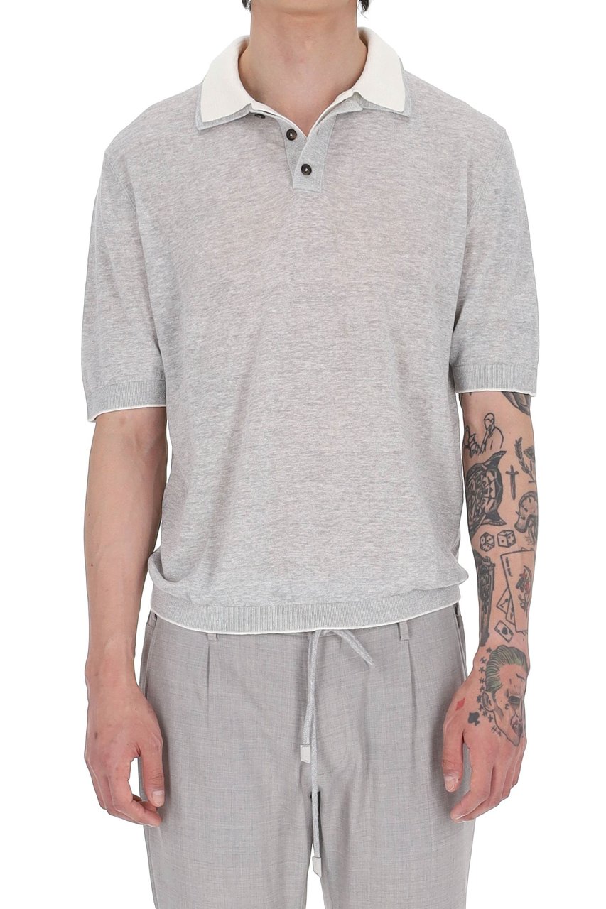 Eleventy Grey Linen-Cotton-Cashmere Double-Collar Polo Shirt Wit