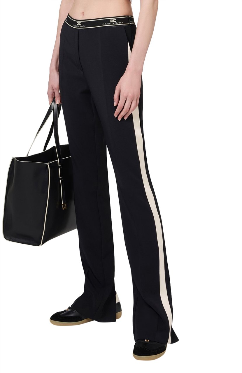 Elisabetta Franchi Pantalon noir large fluide bande écru côté Taille élastique Elisabetta franchi femme  PA01047E2 Zwart