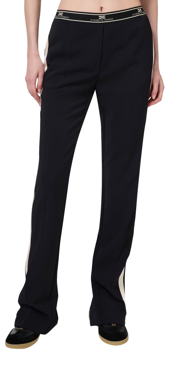 Elisabetta Franchi Pantalon noir large fluide bande écru côté Taille élastique Elisabetta franchi femme  PA01047E2 Zwart