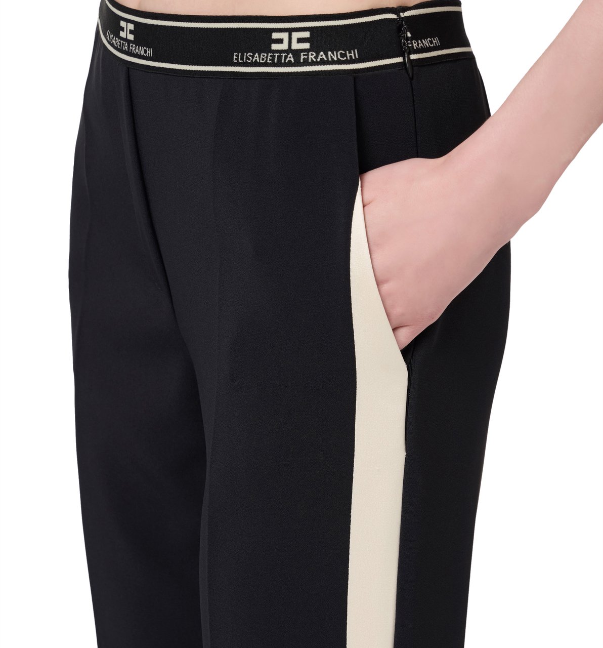 Elisabetta Franchi Pantalon noir large fluide bande écru côté Taille élastique Elisabetta franchi femme  PA01047E2 Zwart