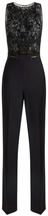 Elisabetta Franchi Sleeveless Crepe Embroidered Jumpsuit Zwart