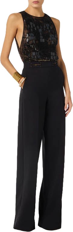 Elisabetta Franchi Sleeveless Crepe Embroidered Jumpsuit Zwart
