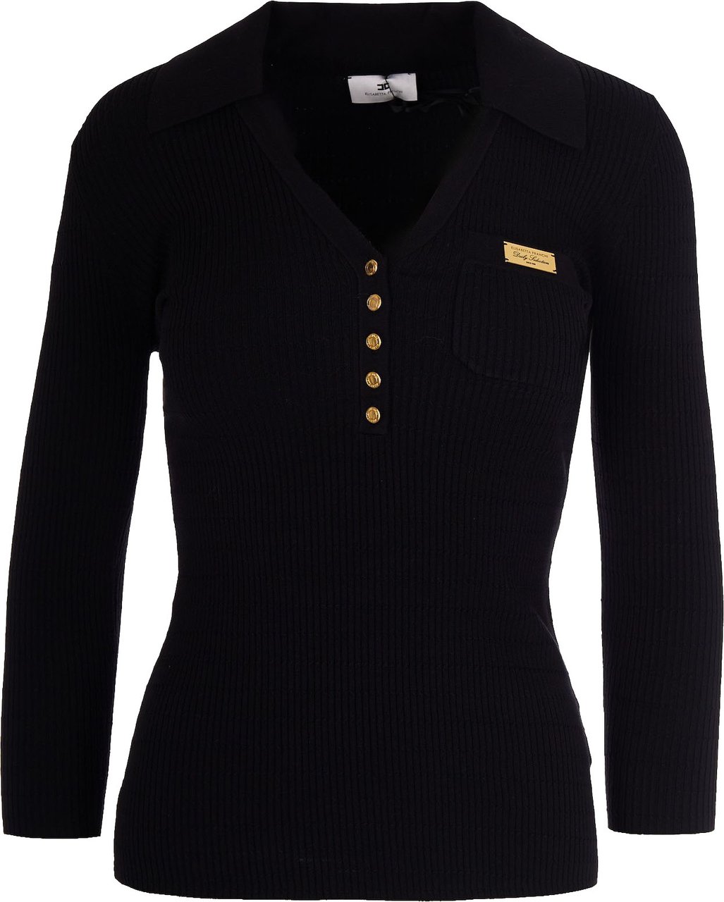 Elisabetta Franchi Black Ribbed Sweater With Pocket Zwart