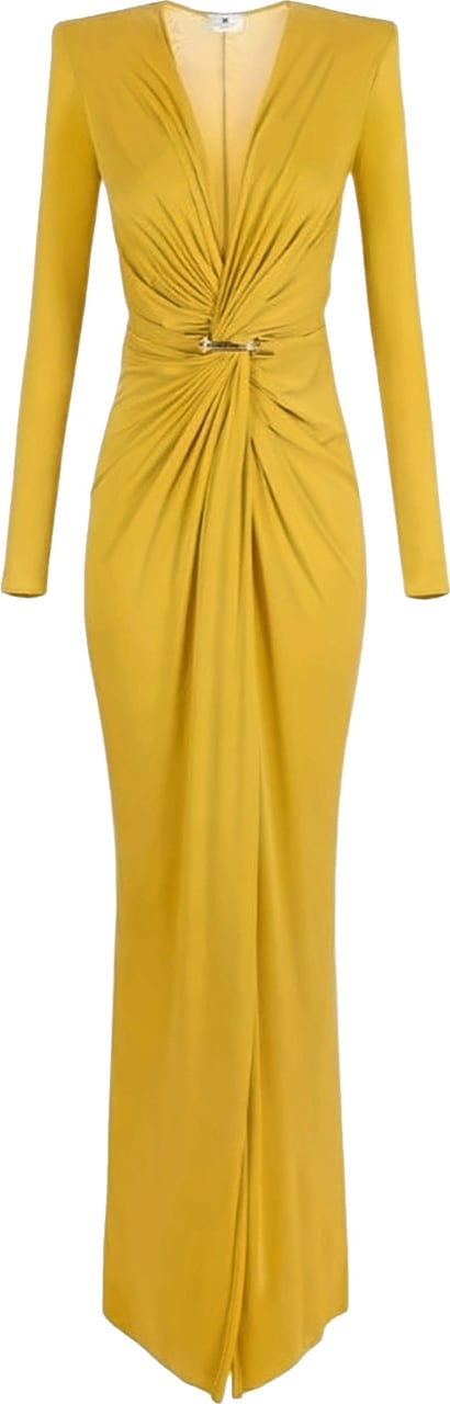 Elisabetta Franchi Red Carpet Dress In Cupro Jersey With Jewel Logo Goud