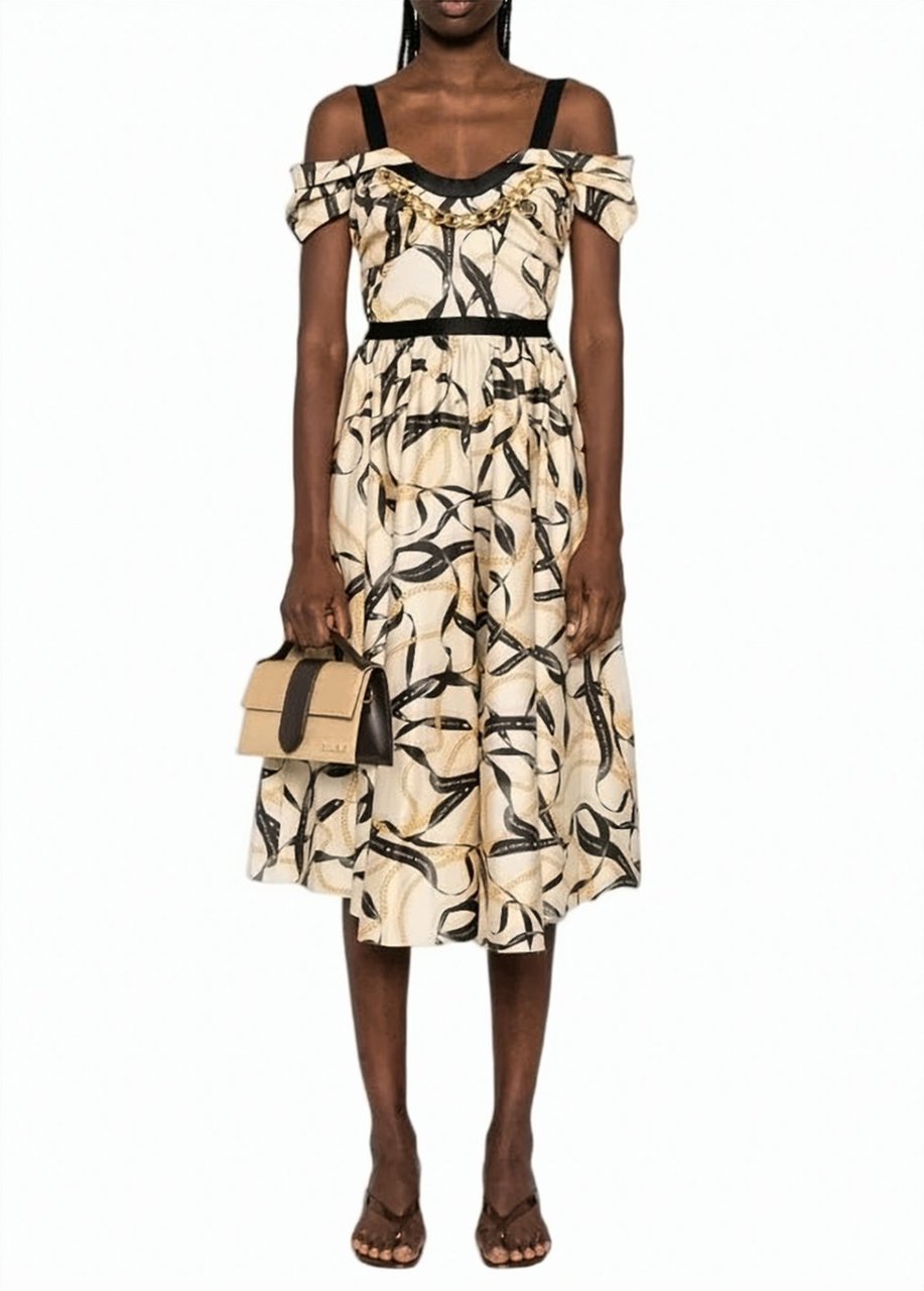 Elisabetta Franchi Ribbon Print Off Shoulder Dress Neutraal