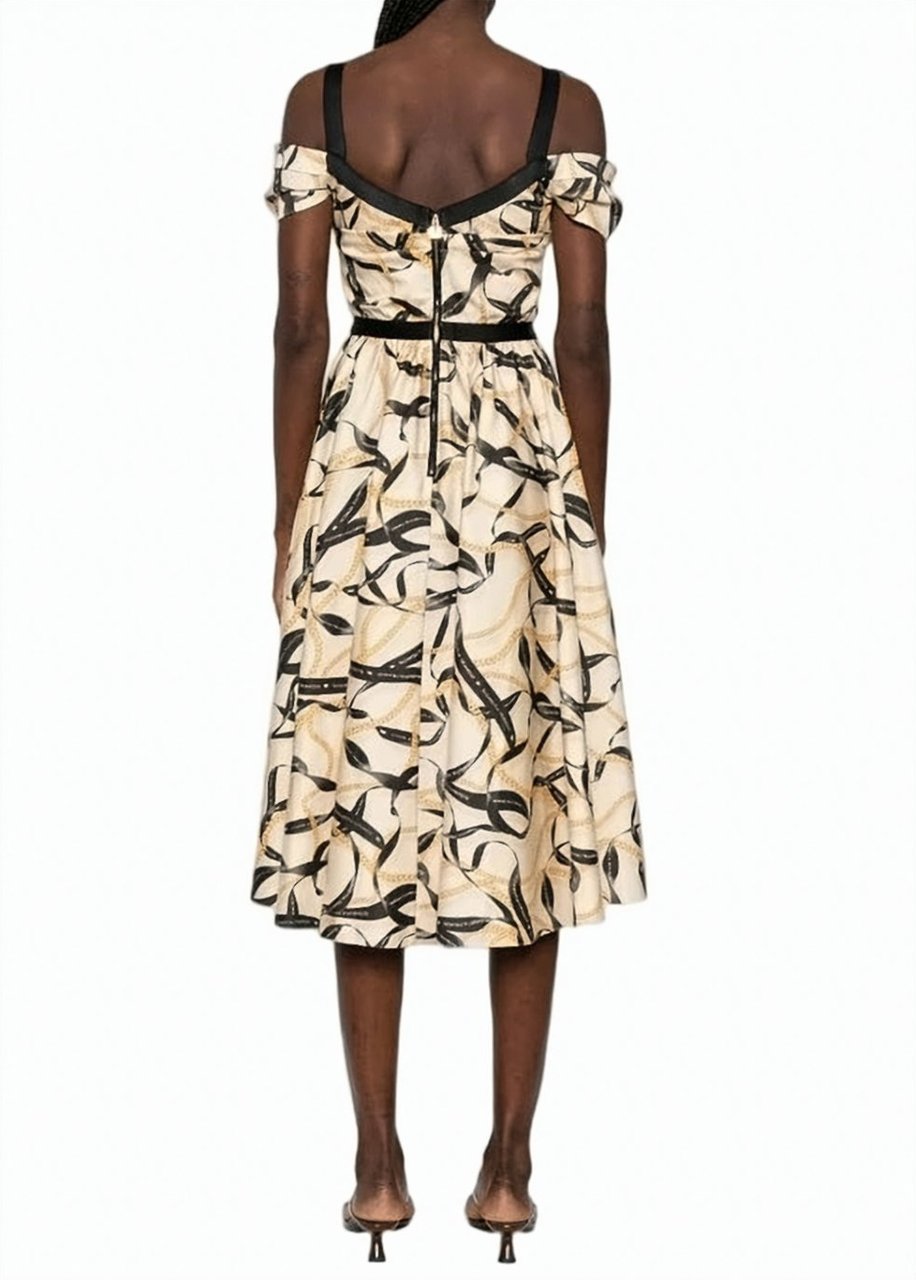 Elisabetta Franchi Ribbon Print Off Shoulder Dress Neutraal