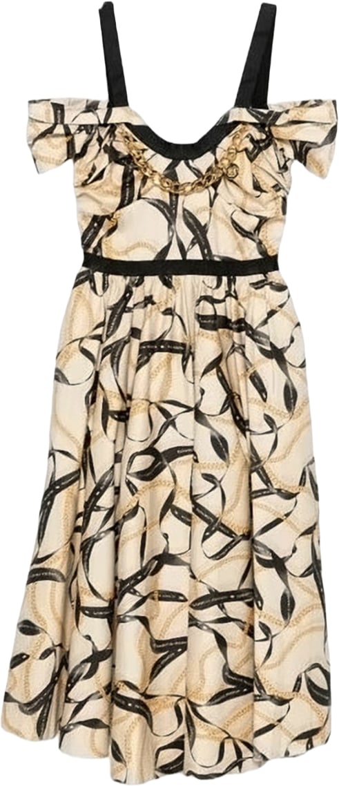 Elisabetta Franchi Ribbon Print Off Shoulder Dress Neutraal