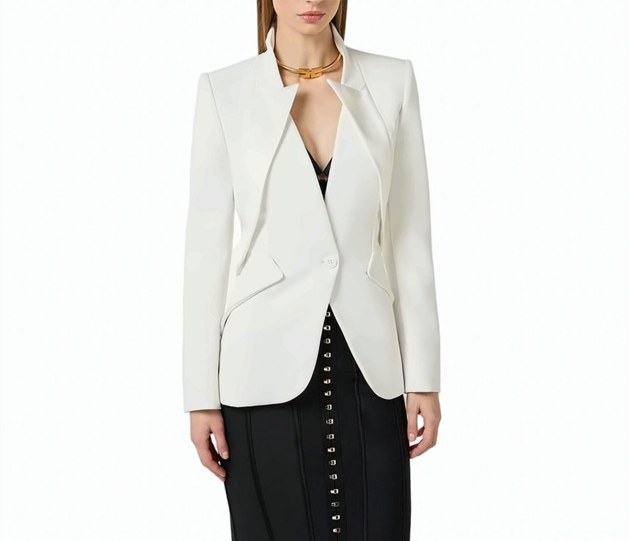 Elisabetta Franchi Lightweight Crepe Satin Lapel Blazer Wit